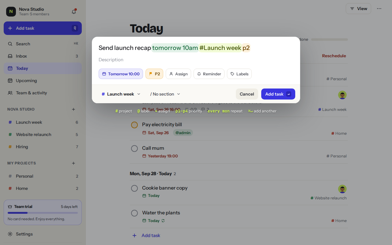 Panel pro rychlé přidání zvýrazňuje datum, projekt a prioritu