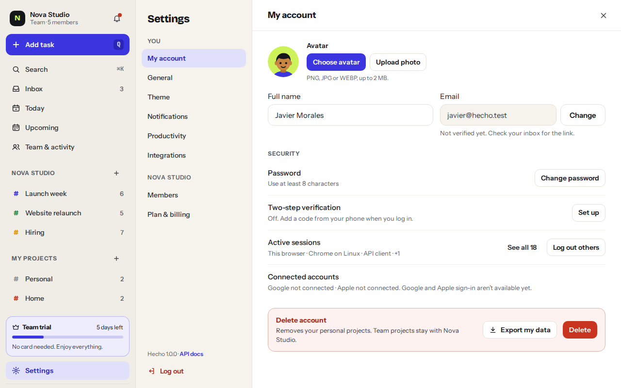 My account settings with Security and two-step verification