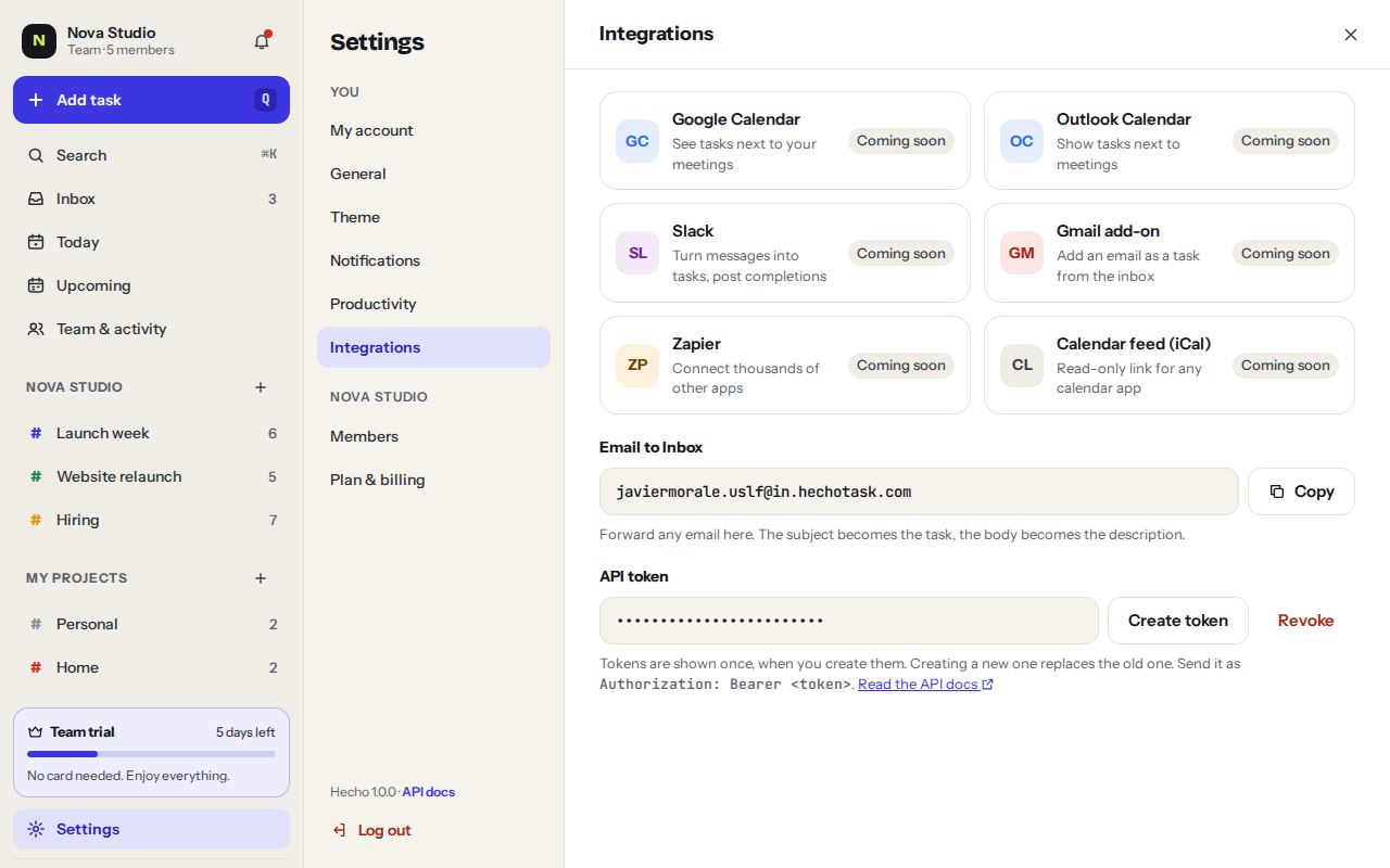 Integrations settings with the Email to Inbox address and API token