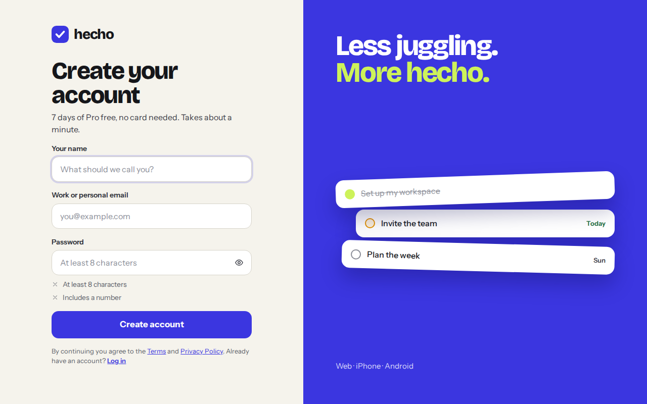 The Hecho sign-up page